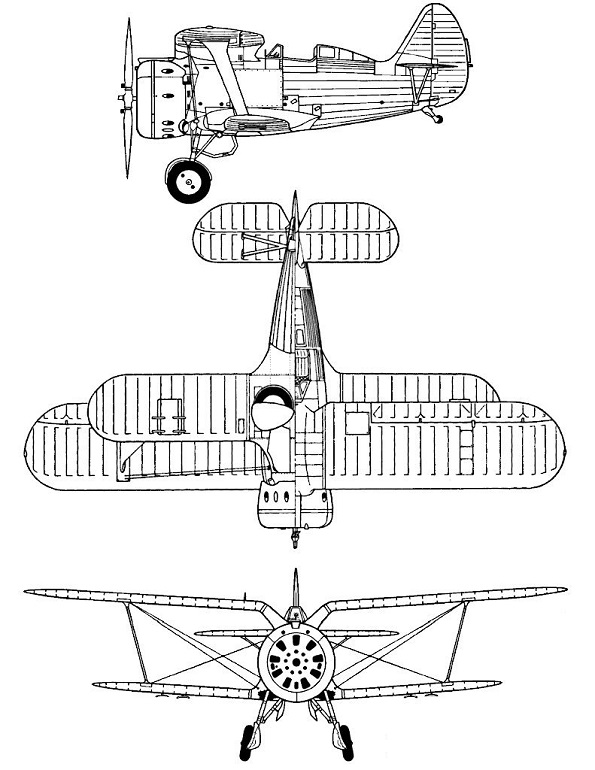 Plan 3 vues du Polikarpov I-153 Tchaïka