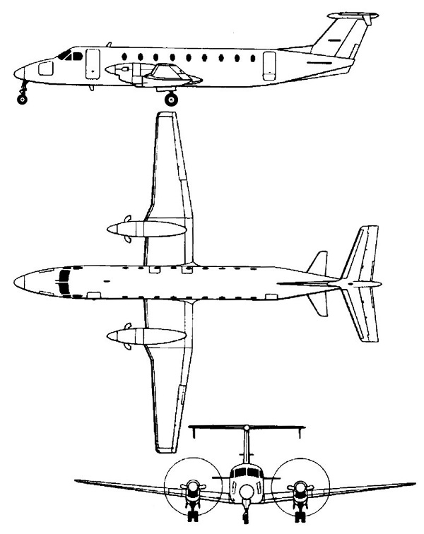 Plan 3 vues du Beechcraft 1900 Beechliner
