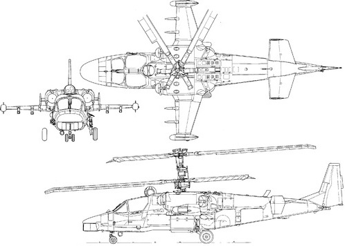 Plan 3 vues du Kamov Ka-52 Alligator ‘Hokum-B’
