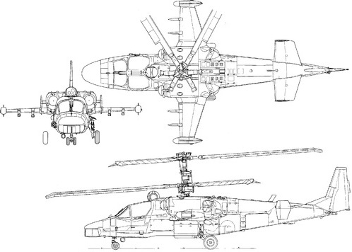 Plan 3 vues du Kamov Ka-52 Alligator 'Hokum-B'