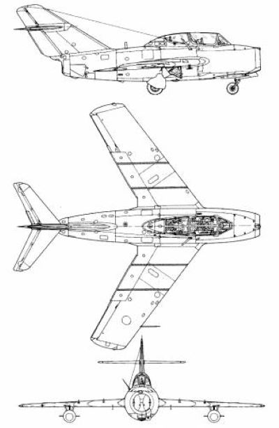 Plan 3 vues du Mikoyan-Gurevich MiG-15UTI 'Midget'