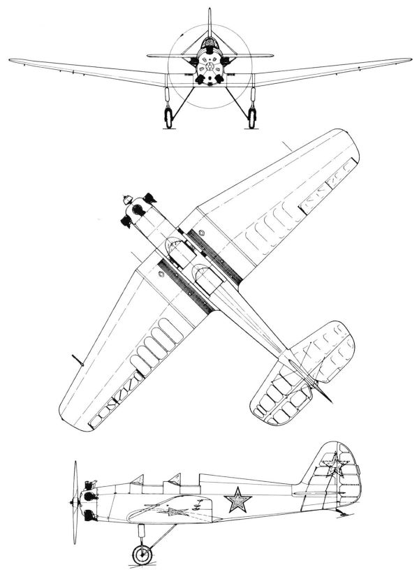 Plan 3 vues du Yakovlev UT-2 ‘Mink’