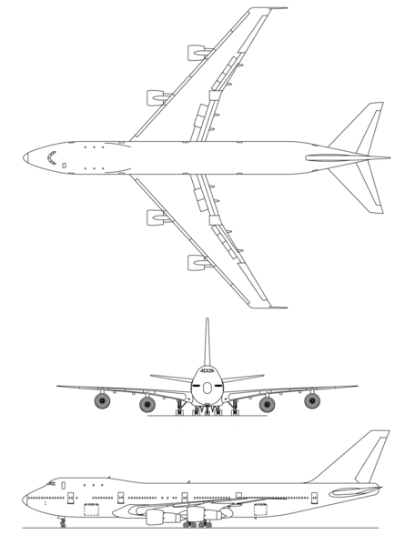 Plan 3 vues du Boeing 747