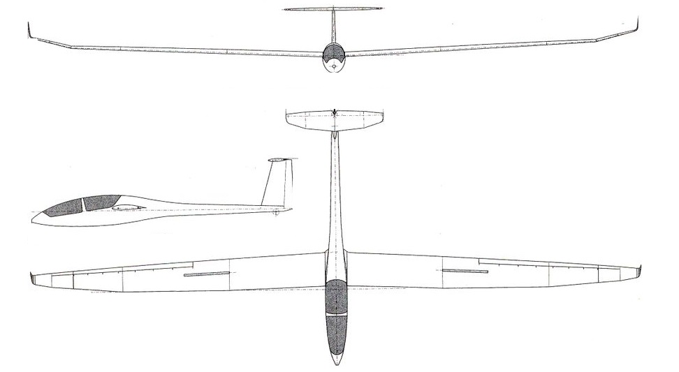 Plan 3 vues du DG Flugzeugbau DG-1000