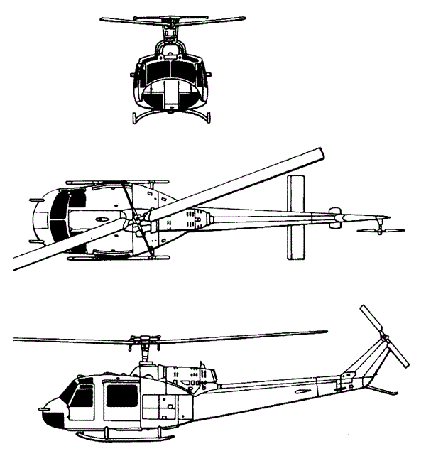 Plan 3 vues du Bell TH-1 Huey