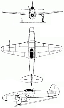 Plan 3 vues du Yakovlev Yak-15 'Feather'